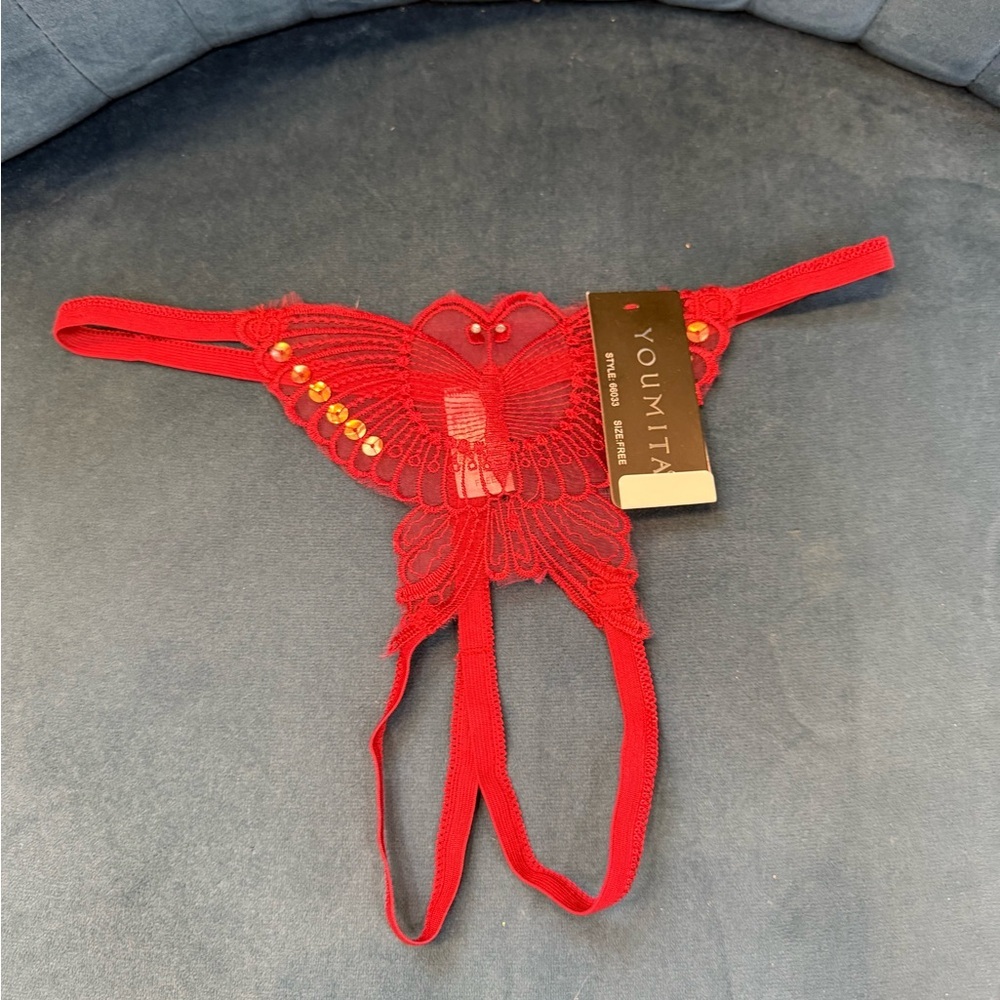 Youmita Red Butterfly Lace Strappy Thong Panty Lingerie OS NWT